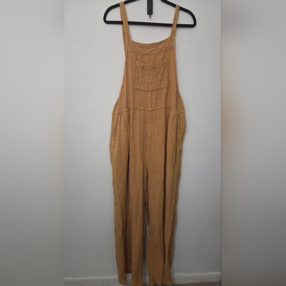 NWT Distressed Mustard Yellow Cotton Muslin Jumpsuit, L - Picture 2 of 6